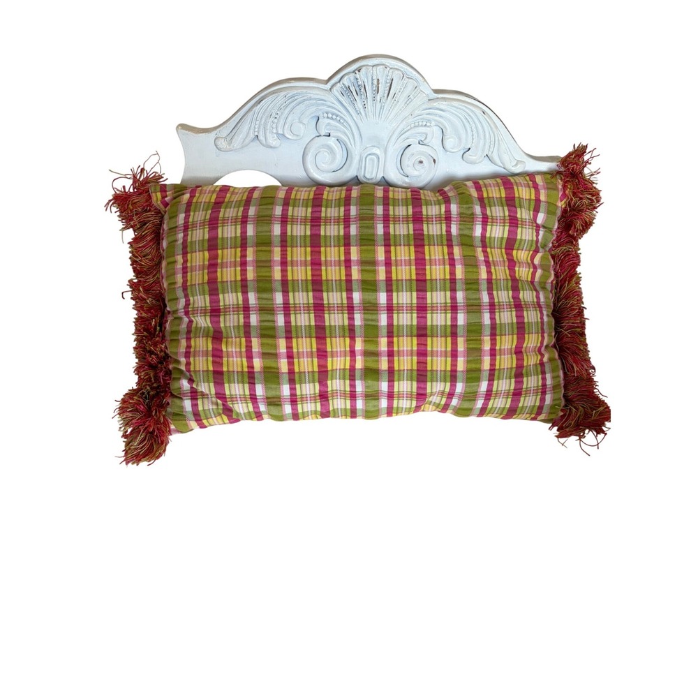 Pink Green Yellow Plaid Lumbar Throw Pillow with Fringe Trim 20x12 Accent Boho